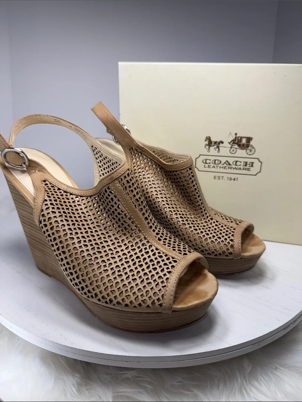 Coach Tan Perforated Leather Slingback Wedge Sandals